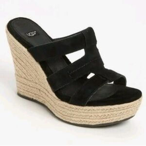 Ugg black suede heel wedge espadrille sandals Tawnie sz 10